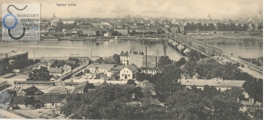5 sierpnia 1915 około godz. 6 rano dwa środkowe przęsła mostu zostały wysadzone przez wycofujące się z Warszawy wojska rosyjskie. Na pocztówce most już odbudowany. Widać dwie wyróżniające się kratownice o parabolicznym kształcie.